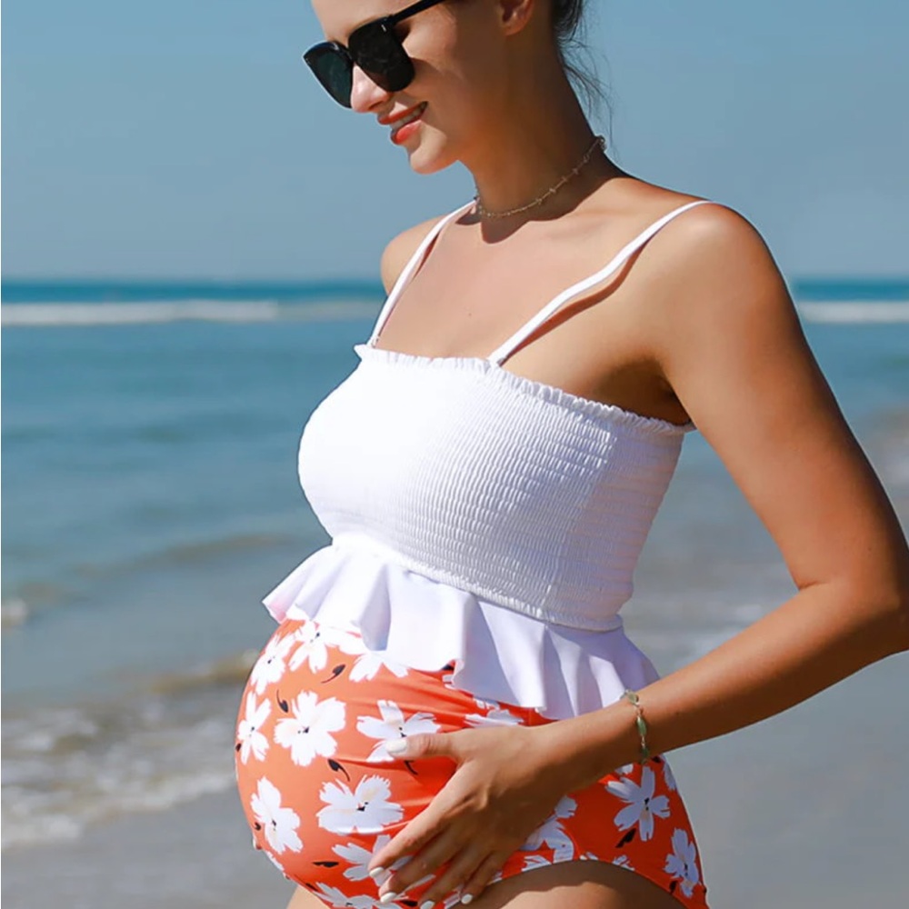 Maternity high waisted bikini two piece over belly bathing suit white and floral